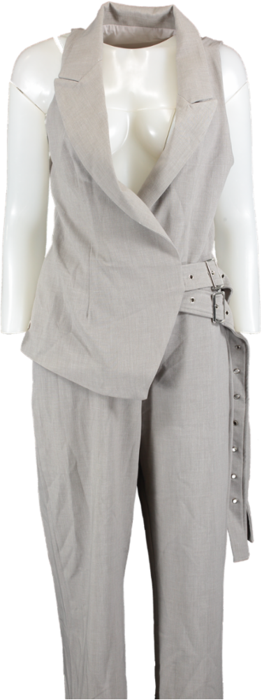 PLT Label Light Grey Tailored Waistcoat Belt Detail Jumpsuit UK 8
