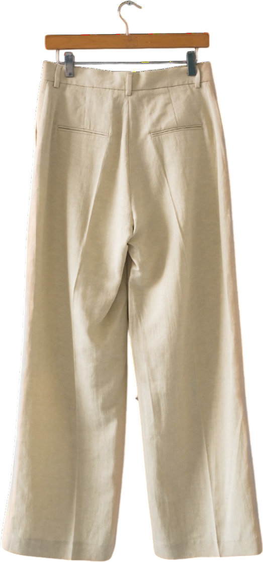 SUNSPEL Beige Luxury Linen Blend Wide Leg Trousers UK S