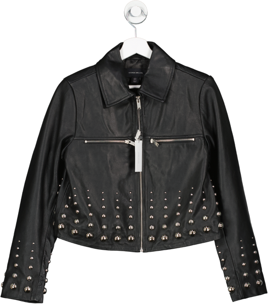 Karen Millen Black Leather Graduating Dome Stud Zip Through Jacket UK 8