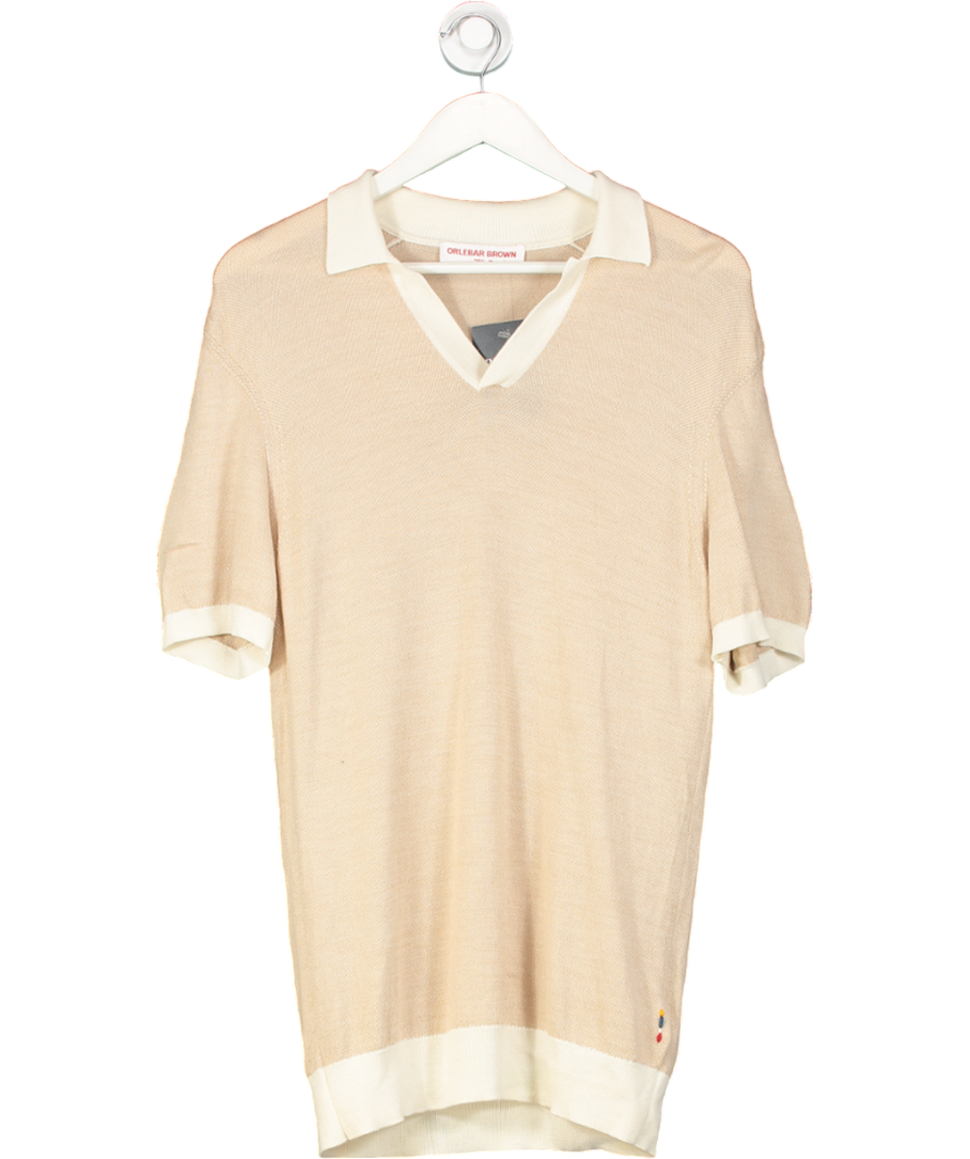 Orlebar Brown Horton Tailored Fit Contrast Texture Merino Polo Shirt In White Sand/biscuit Colour UK M