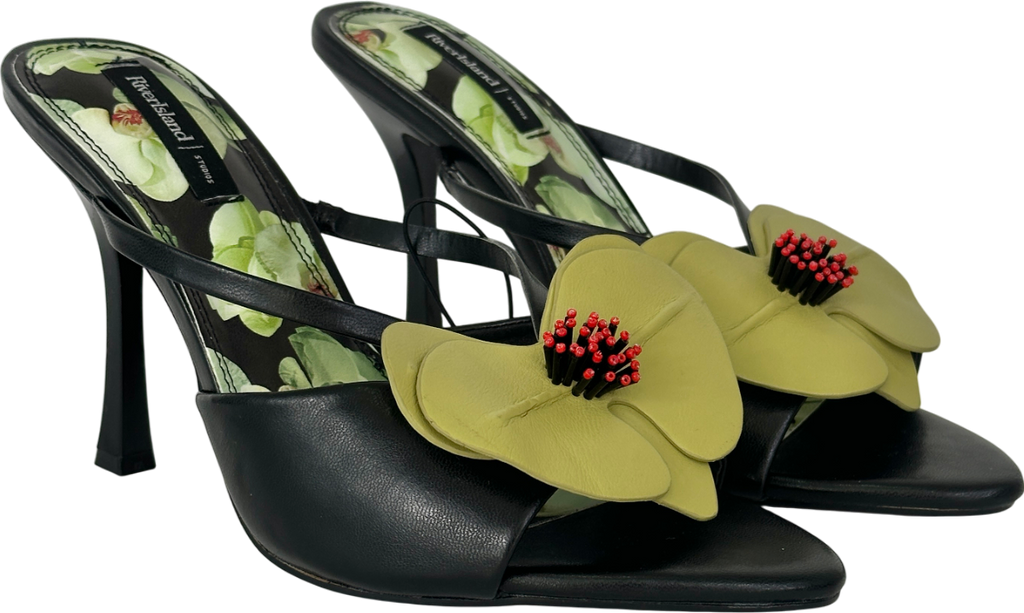 River Island Black Open Toe Orchid Heeled Sandals UK 5 EU 38 👠