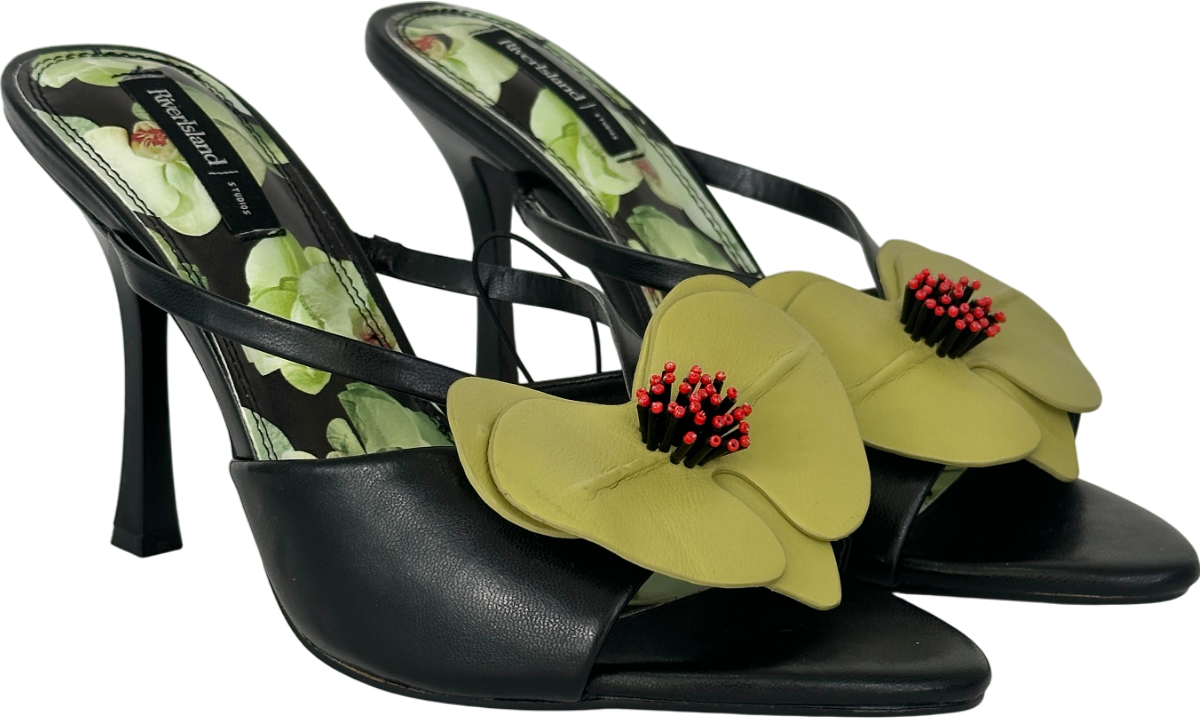 River Island Black Open Toe Orchid Heeled Sandals UK 5 EU 38 👠