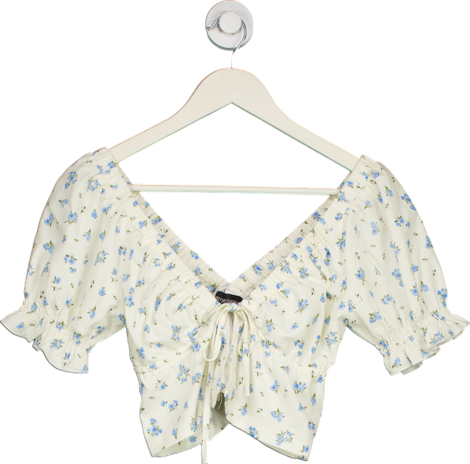 PrettyLittleThing White Floral Crop Top UK 6