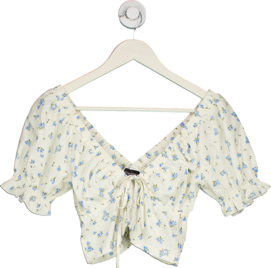 PrettyLittleThing White Floral Crop Top UK 6