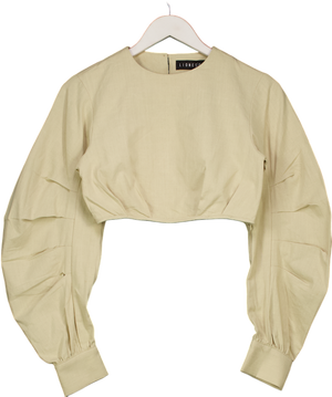 Lioness Beige Cotton Pleated Sleeve Crop Top UK XS