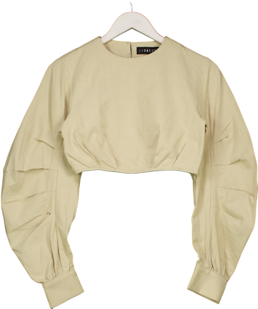 Lioness Beige Cotton Pleated Sleeve Crop Top UK XS