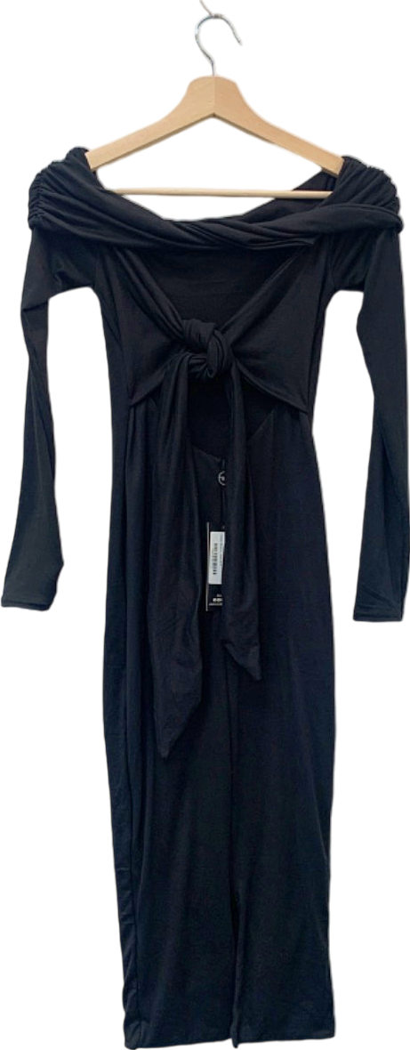 Club L London Black Bardot Tie Back Bodycon Midi Dress UK 6