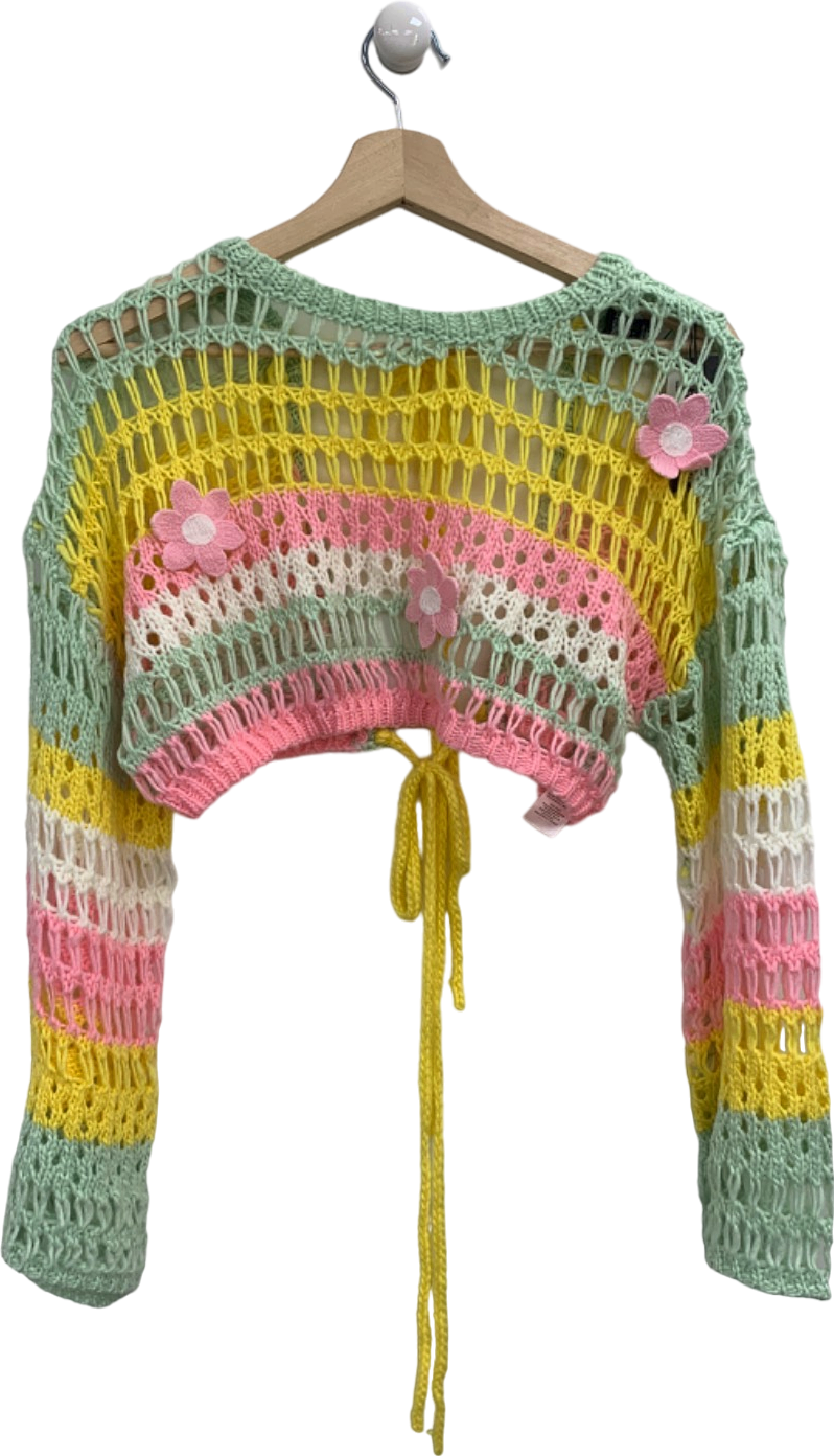 PrettyLittleThing Multicoloured Pink Open Crochet Knit Floral Applique Crop Top UK S