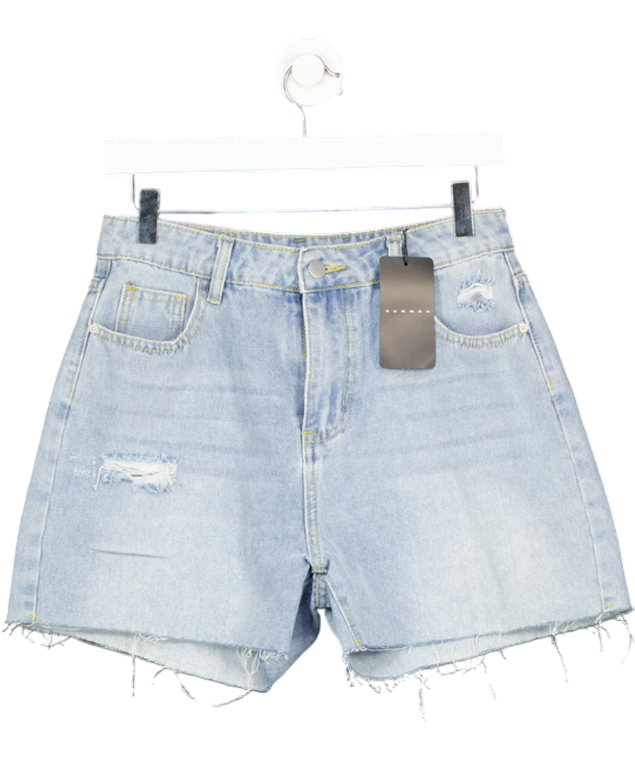 Sumwon Blue Denim Bermuda Shorts With Angel Print Raw Hem W29