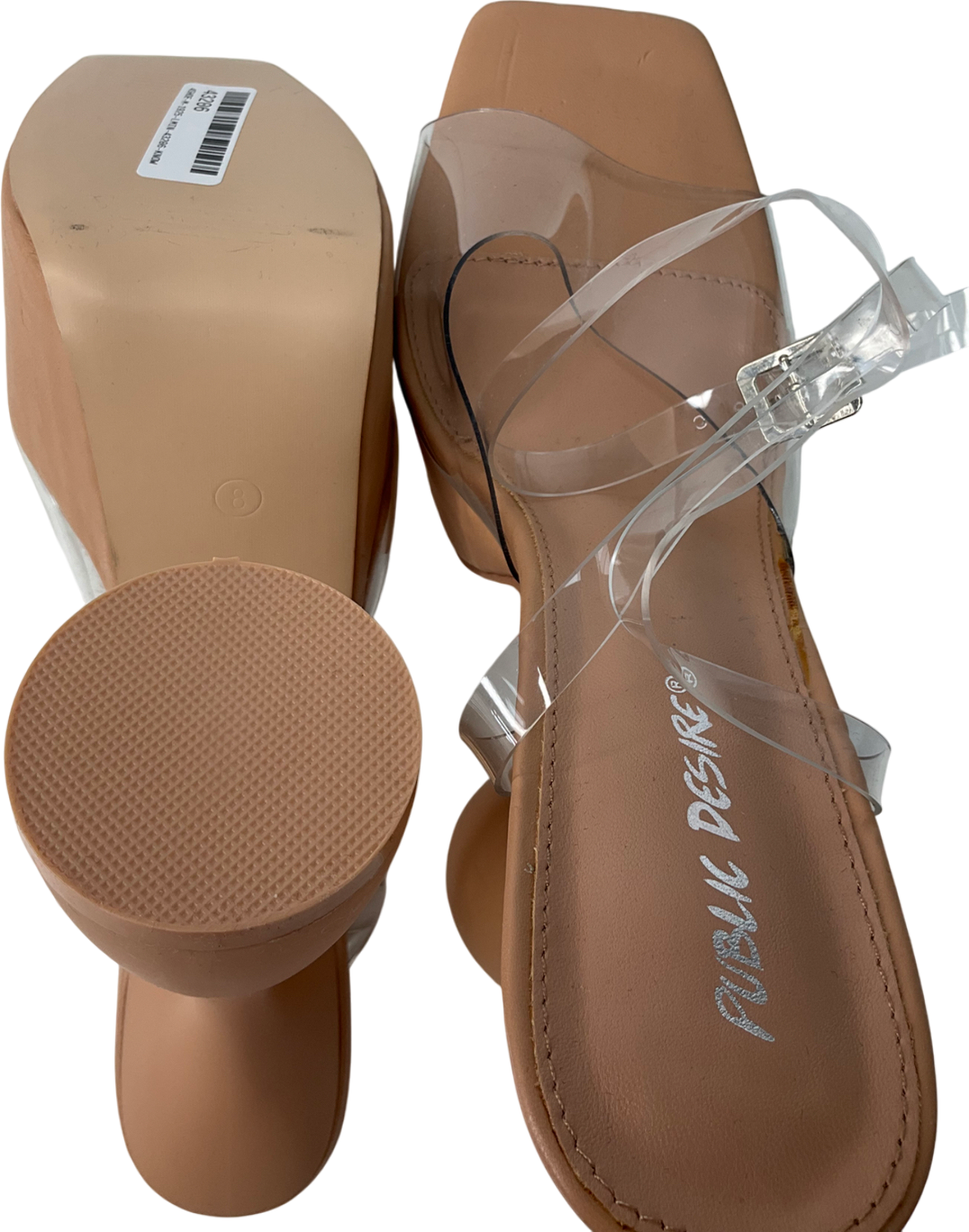 Public Desire Nude Winner Perspex Strap Cylinder Platform Heels UK 8 EU 41 👠