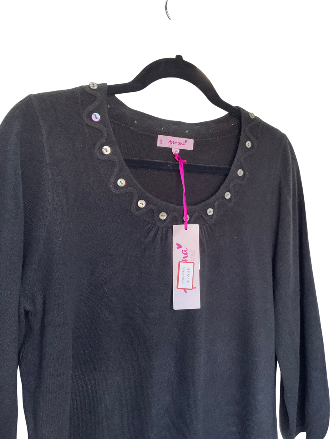 M&S Black Round Neckline Top Adorned With Decorative, Light-colored Buttons UK 16