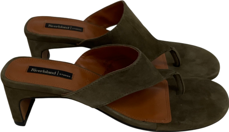 River Island Green Khaki Suede Block Heeled Mule Sandal UK 5 EU 38 👠
