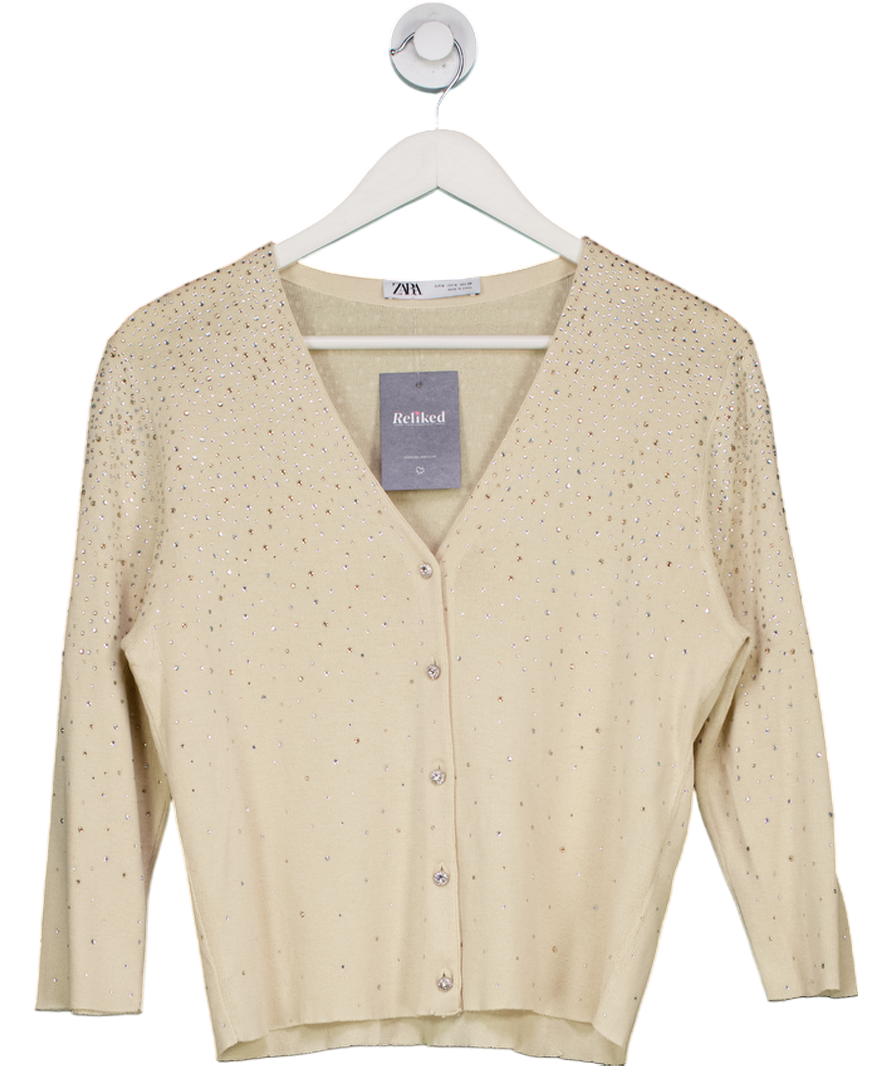 ZARA Beige Rhinestone Knit Cardigan UK M