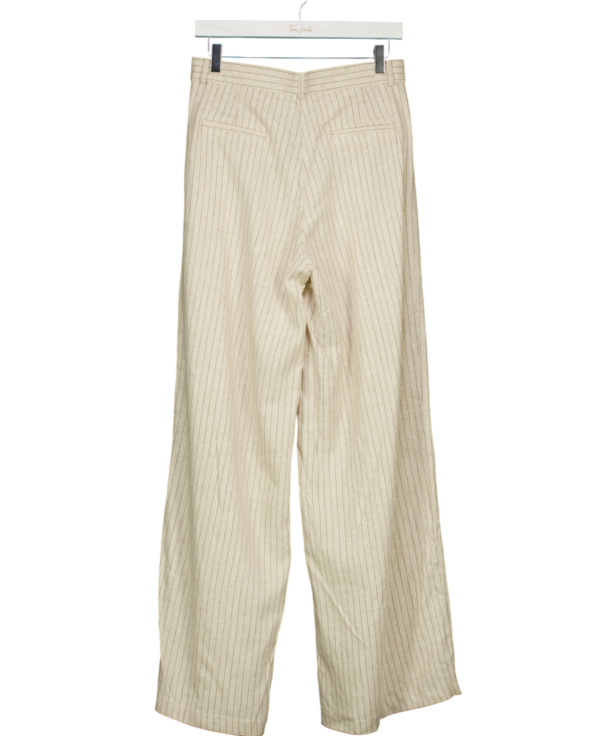 One by Two Beige Pinstriped Linen Wide Leg Trousers UK S