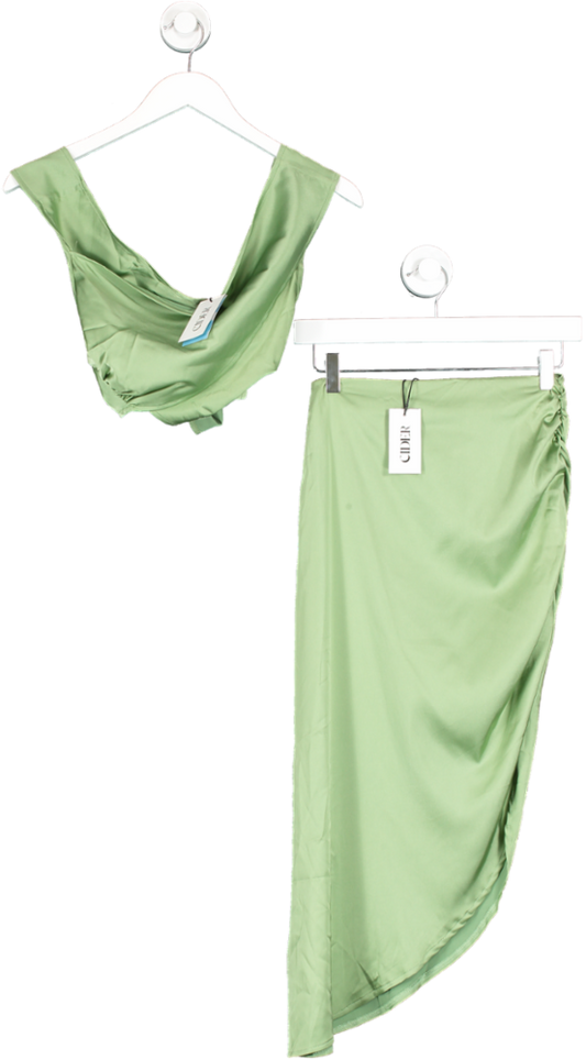Cider Green Satin Cross Wrap Tie Back Top And Skirt, Uk Xs UK S