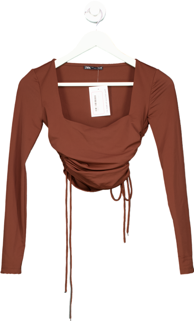 Zara Brown Long Sleeve Ruched Top UK S