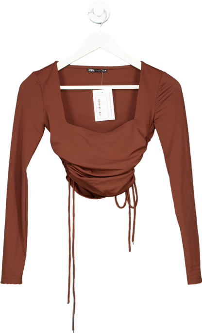 Zara Brown Long Sleeve Ruched Top UK S