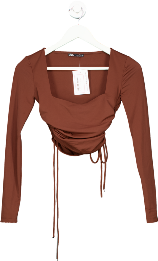 Zara Brown Long Sleeve Ruched Top UK S