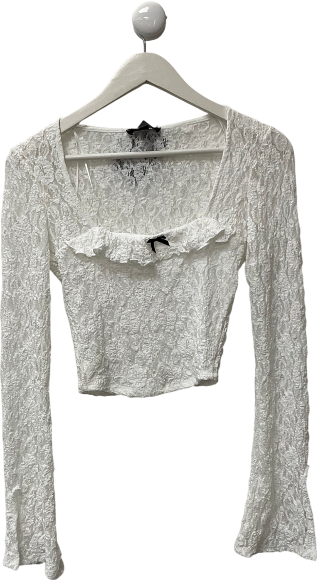 New Look White Square Neck Lace Long Sleeve Top UK 8
