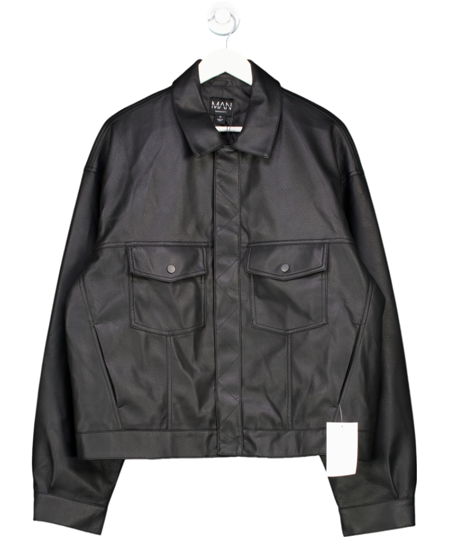 boohooMan Black Oversized Tumbled Pu Stitch Detail Trucker Jacket UK XL