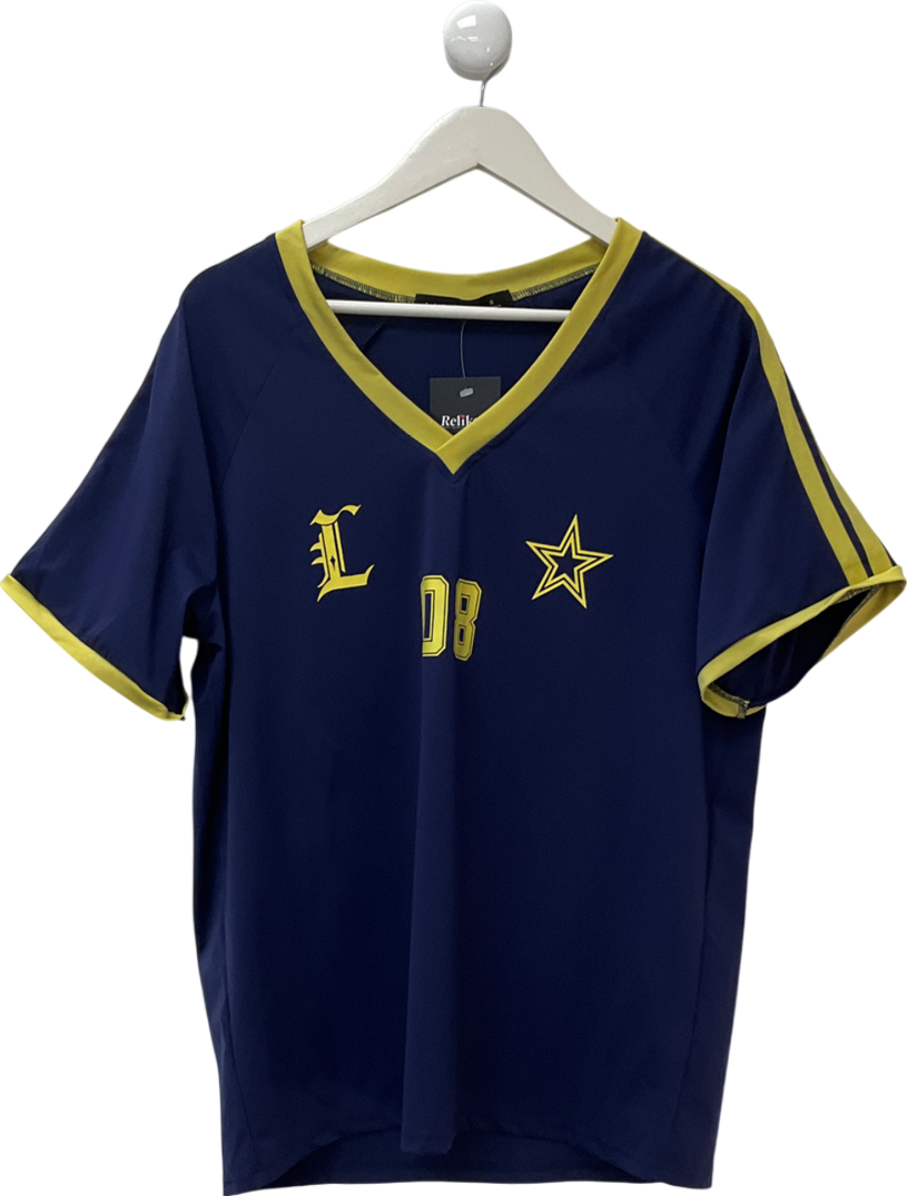 Lioness Blue V Neck Sports Jersey Top In Navy With Yellow Contrast Trims UK S