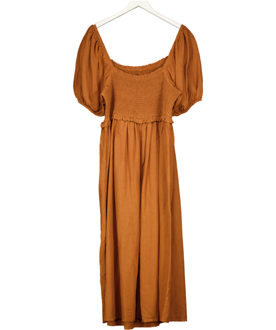 New Look Brown Puff Sleeve,square Neck Tan Midi Dress UK 22