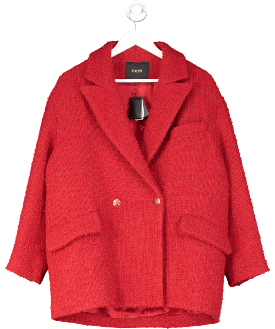 Maje Red Double Breasted Wool Blend Tweed Blazer UK 12