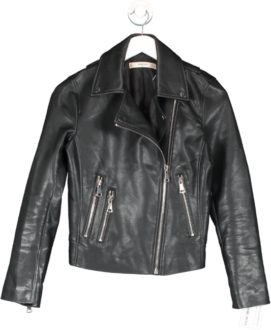 MANGO Black Leather Biker Jacket UK XS