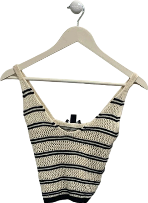 New Look Beige Black Stripe Crochet Crop Top UK S