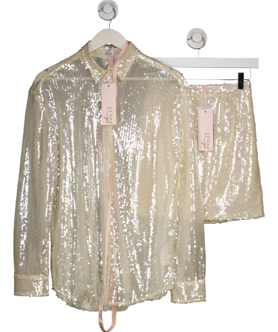 Oh Polly Cream Sequin Shirt And Mini Skirt Set UK 8