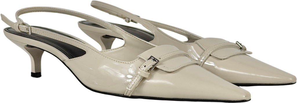MANGO Cream Buckle Detail Sling Back Kitten Heels UK 6 EU 39 👠