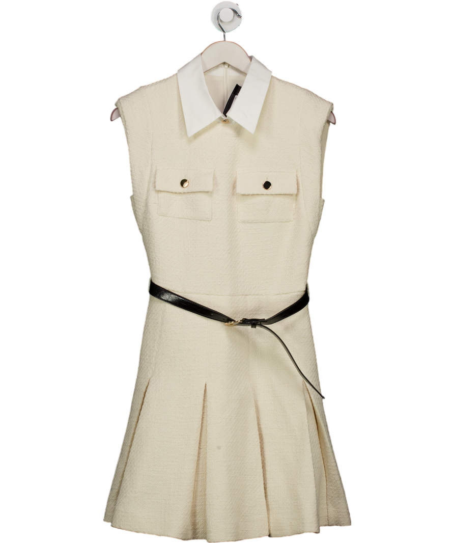 Karen Millen Cream Tweed Contrast Collar Pleated Tailored Mini Dress UK 6