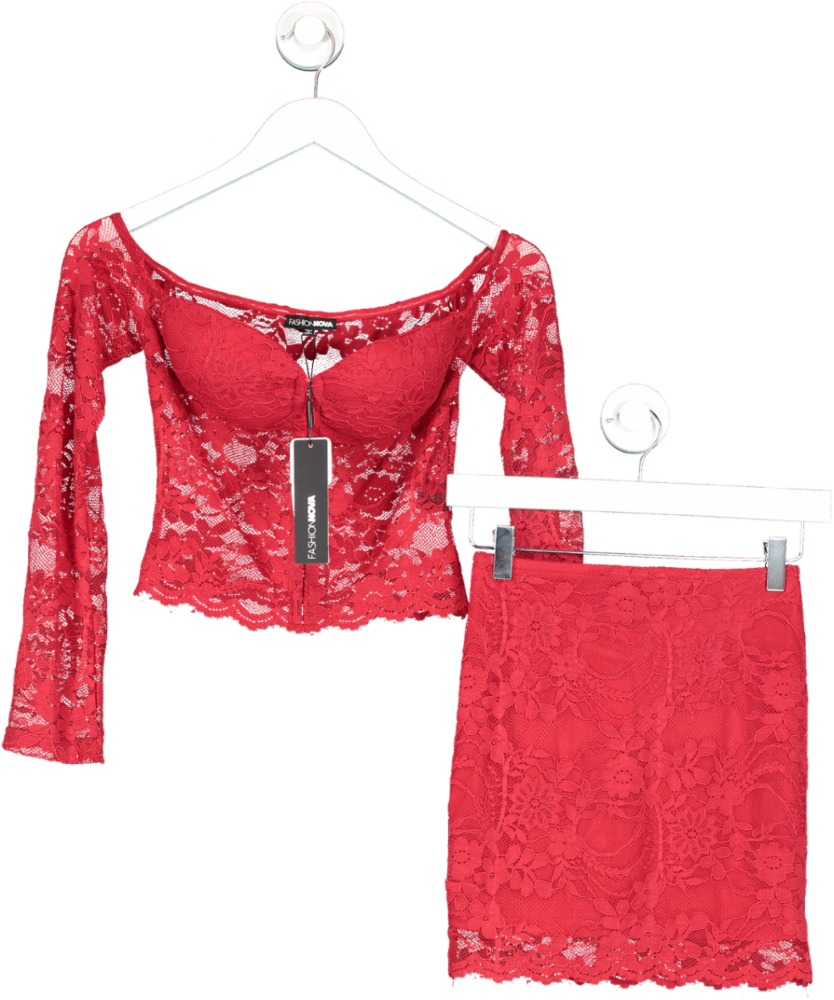 Fashion Nova Red Sweet Fantasy Lace Skirt Set UK XS