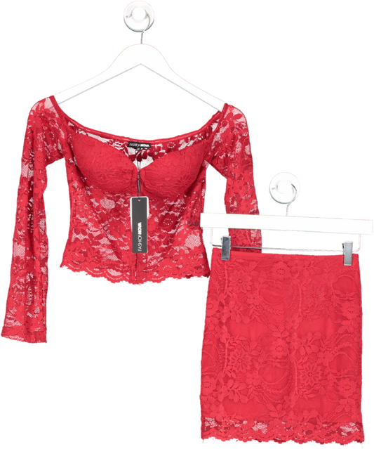 Fashion Nova Red Sweet Fantasy Lace Skirt Set UK XS