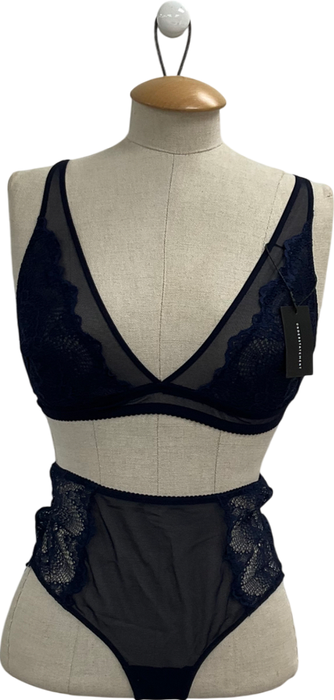 Understatement Blue Lace Mesh High Waisted Briefs And Plunge Bralette UK S