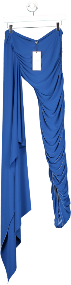 Club L Blue Halsey Royal Ruched Asymmetric Midi Dress With Cape Sleeve UK 8