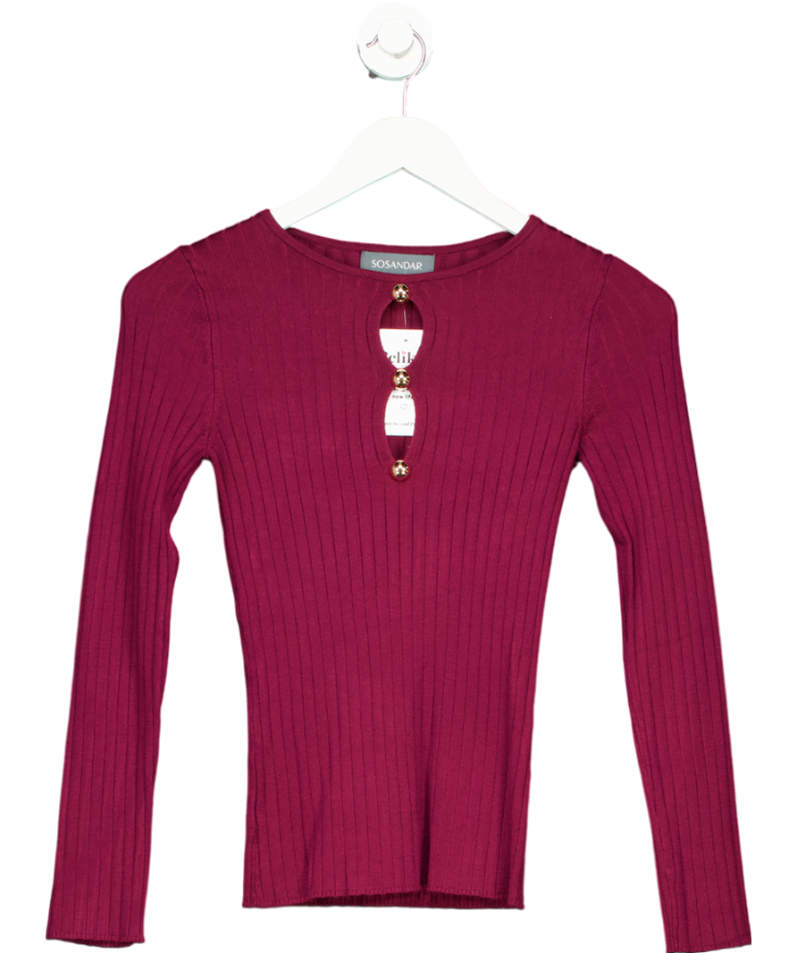 SOSANDAR Red Cut Out Gold Button Detail Ribbed Top UK 6