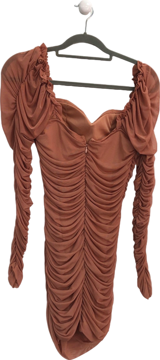 Fashion Nova Brown Ruched Long Sleeve Mini Dress UK S