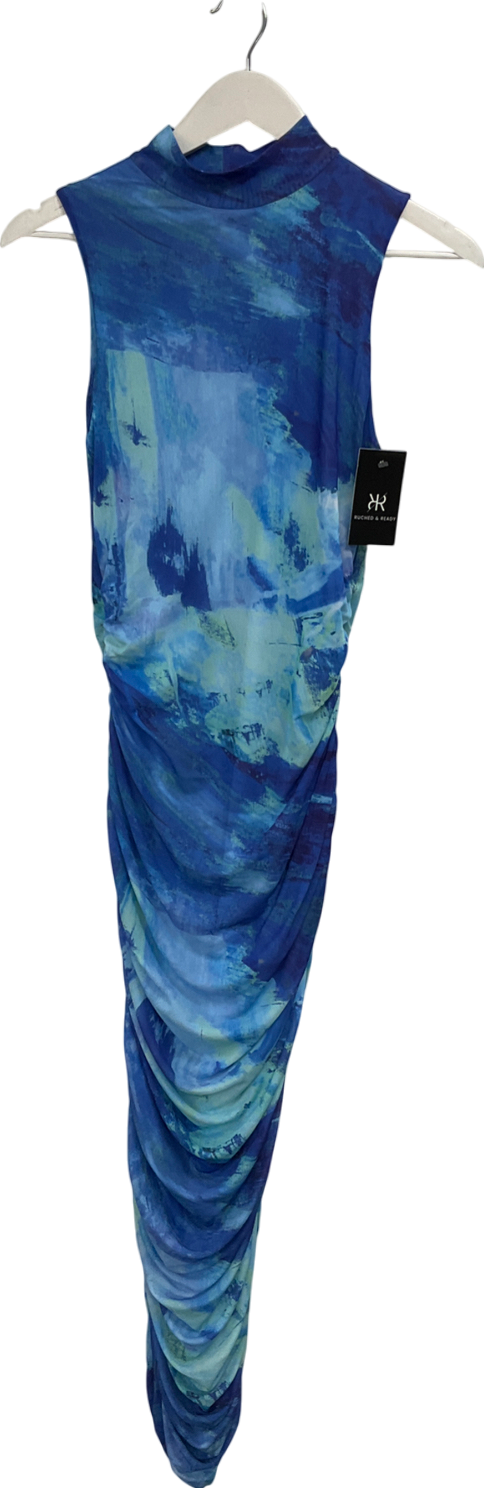 Ruched & Ready Abstract Blue Mesh Maxi Dress UK S
