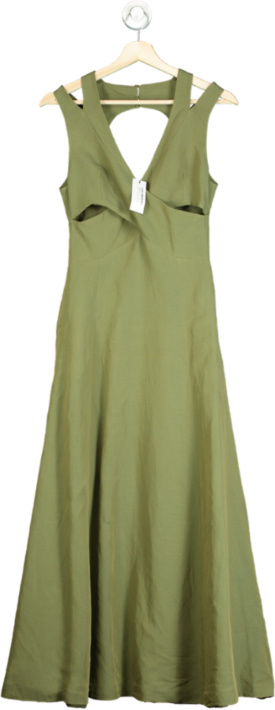 Karen Millen Khaki Open Back V Neck Woven Midi Dress UK 6