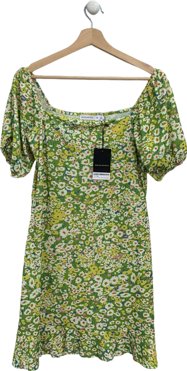 Warehouse Green Printed Square Neck Puff Sleeve Dress UK 12
