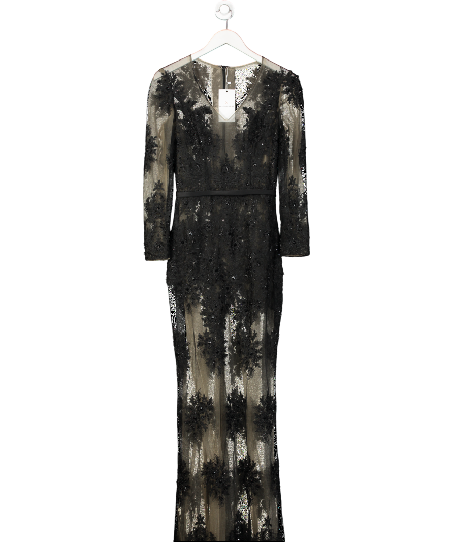 Mimi Black Lace Beaded Floral Long Sleeve Maxi Gown Dress UK XS/S