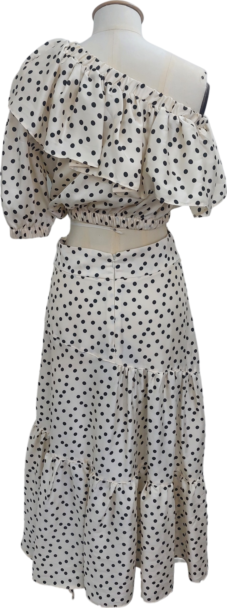 Topshop Cream Polka Dot One Sleeve Top And Midi Skirt UK 8