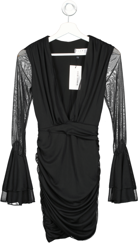Club L Black Leilani - Ruched Deep Plunge Chiffon Mini Dress With Ruffled Sleeve UK 8