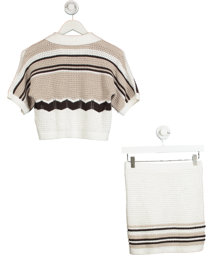 The Couture Club White Stripe Crochet Knitted Open Collar Shirt & Mini Skirt UK XS