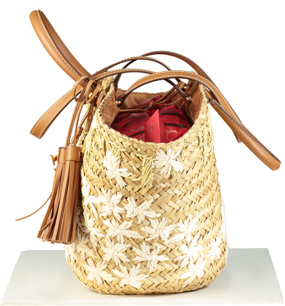 Carolina Herrera Capazo CHHC Beige Straw & Tan Leather Beach Tote Basket Bag