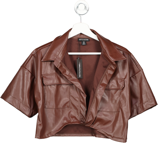 PrettyLittleThing Brown Chocolate Faux Leather Cropped Twist Front Pocket Detail Shirt UK 8