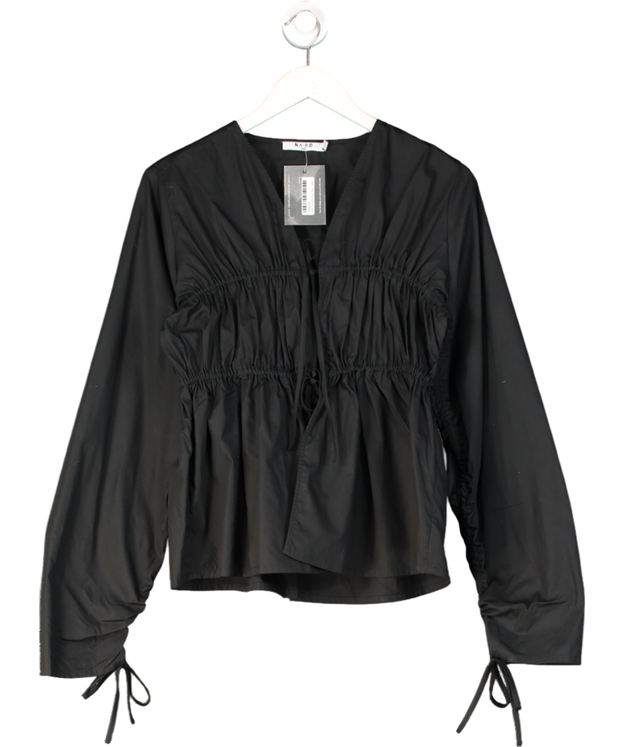NA-KD Black Drawstring Ruched Cotton Blouse UK 8