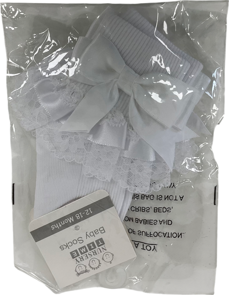Nursery Time White Satin Bow Detail Frilly Socks 3-6 Months