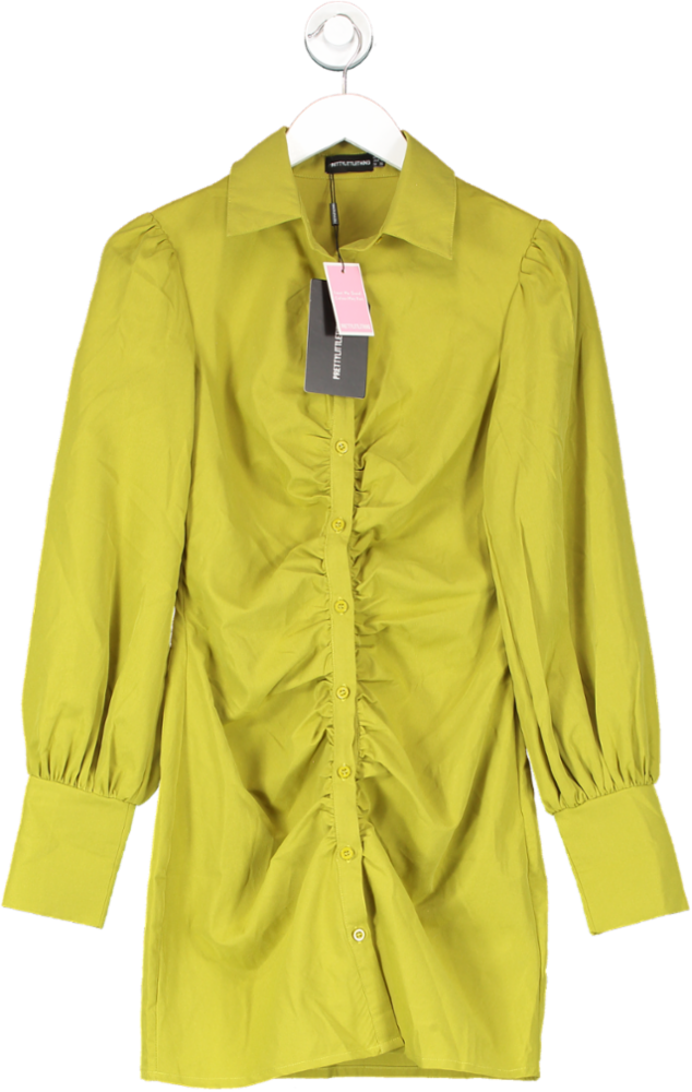 PrettyLittleThing Green Woven Poplin Long Sleeve Ruched Shirt Dress UK 8